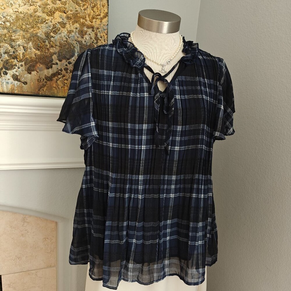Navy Plaid Chiffon Blouse – Ruffle Tie Neck, Sheer Flutter Sleeve Top